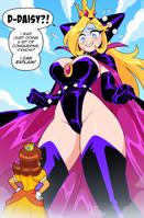 giantess breasts drawing growth blushing mega blonde comic color large_breasts long_hair blue_eyes cleavage brunette gloves dress boots crown super_mario dark_skin clouds thighs hat cape belt leotard dialogue hands_on_hips princess_daisy looking_at_tiny spikes bare_legs wapeach