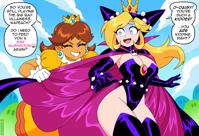 breasts drawing growth blushing mega blonde comic color large_breasts long_hair blue_eyes cleavage brunette gloves dress boots crown giantesses super_mario dark_skin clouds thighs hat cape earrings belt leotard dialogue princess_daisy spikes bare_legs wapeach giantess