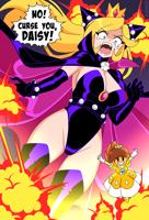 giantess breasts drawing growth blushing mega blonde comic color large_breasts long_hair blue_eyes cleavage angry brunette gloves dress boots crown explosion super_mario dark_skin thighs hat cape belt leotard dialogue princess_daisy looking_at_tiny spikes bare_legs wapeach
