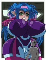 giantess breasts blushing long_hair teeth green_eyes blue_hair huge_breasts angry klan_klein twintails shrunken_man bodysuit looking_at_viewer headband clenched_teeth shiny pointed_ears emblem thick_eyebrows covered_nipples puffy_nipples multicolored purple_bodysuit multicolored_bodysuit shiny_hair short_twintails quad_tails pilot_suit