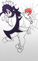 giantess drawing breasts black_hair large_breasts long_hair cleavage red_eyes smiling shrunken_woman long_skirt butt_squish multiple_girls hair_over_one_eye filia_(skullgirls) samson_(skullgirls)