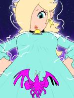 breasts growth blonde space long_hair tongue blue_eyes dress hand crown jewelry point_of_view earrings princess_rosalina starry_sky 1girl star_(sky) hair_over_one_eye star_earrings aqua_dress tiny_creature giantess