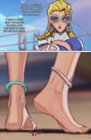breasts drawing micro feet vore blonde color swimsuit blue_eyes toes barefoot shrunken_men unaware shrunken_man sunglasses ankle_bracelet fantastic_four earrings dialogue the_thing invisible_woman marvel_comics mr_fantastic human_torch sue_storm susan_storm scrungee scrungeesmall marvel_rivals