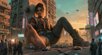 giantess feet soles shoes tiny sitting fetish videogame celebrities cyberpunk panam palmer 2077 shrunken_woman shrunken_man ai_art celebrities_fetish