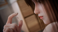 brunette brown_eyes lips face close_up nose indoors profile eyelashes digital_render closed_mouth thomas-crumb giantess shrunken_woman