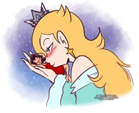 giantess blushing blonde long_hair brunette crown shrunken_woman jewelry closed_eyes earrings princess_rosalina 4brandonjs4 star_(symbol)