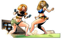 breasts drawing giantess mega color long_hair butt destruction toes barefoot skirt huge_breasts brunette multiple_sizes stadium gloves red_hair cheerleader kim_possible giantesses thighs disney top belt ripped_clothing football_stadium no_background bare_legs cheerleader_uniform bare_midriff bonnie_rockwaller mariano_navarro scoreboard