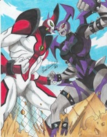 breasts drawing giantess horns city mega alien color large_breasts destruction giant buildings green_eyes red_eyes gloves boots muscles fangs fighting thighs fist debris ben_10 ben_tennyson spikes bare_legs grey_skin way_bad cartoon_network way_big oscarj