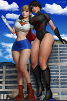 breasts drawing giantess city blonde color large_breasts destruction blue_eyes skirt buildings gloves boots supergirl giantesses vehicles thighs leaning_against_building costume superman cape top vehicle_crush dc_comics bare_legs bare_midriff adgts clouds