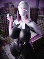 breasts growth giantess wings city mega large_breasts butt buildings camel_toe mask thighs costume hands_on_hips hood thick_thighs looking_at_tiny digital_render gwen_stacy spider-man marvel_comics spider-gwen vulture wotm8h8