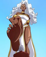 breasts drawing giantess white_hair mega color long_hair destruction blue_eyes toes barefoot skirt dress boots storm dark_skin thighs costume ant-man hands_on_hips x-men imminent_crush helmet no_background looking_at_tiny marvel_comics hank_pym omegastorm point_of_view