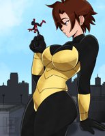 avengers breasts drawing giantess city mega color large_breasts butt buildings brunette brown_eyes short_hair mask thighs leaning_against_building costume earrings on_finger looking_at_tiny janet_van_dyne spider-man marvel_comics the_wasp peter_parker inchhighjedi