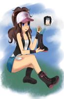 breasts drawing black_hair color long_hair blue_eyes skirt boots sitting dangle thighs hat legs_crossed armbands looking_at_tiny bare_legs vest jackilyn giantess pokemon shoes socks hilda_(pokemon)