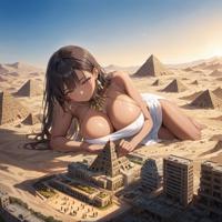 giantess breasts city mega black_hair large_breasts long_hair barefoot cleavage skirt buildings desert pyramid egyptian lying_down unknown_artist dark_skin thighs jewelry earrings top crowds bare_legs bare_midriff looking_at_tinies soruce_needed ai_art