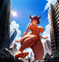 giantess breasts nipples nude horns city mega large_breasts destruction toes barefoot rampage buildings red_eyes angry brunette street short_hair sun unknown_artist kneeling vehicles clouds thighs birds source_needed imminent_crush looking_at_tiny ai_art
