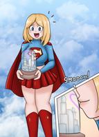 giantess kissing supergirl kandor breasts blushing city blonde blue_eyes handheld skirt buildings boots shrunken_city costume cape dinobirdofdoom dc_comics bare_legs bare_midriff