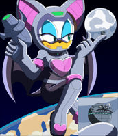 breasts drawing giantess furry giga tail wings space color blue_eyes planet handheld green_eyes moon gloves boots sonic_the_hedgehog rouge_the_bat stars helmet shrink_gun on_finger pointed_ears cosmic_giantess space_suit nightcore100 cutaway heavy_eyeshadow death_egg