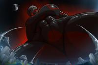 breasts drawing giantess giga city alien space color large_breasts destruction planet buildings red_eyes moon looming abs clouds thighs towering missiles point_of_view jumpsuit cosmic_giantess grey_skin bald a_smidgen uni oka