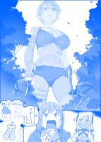 giantess tawawa_on_monday breasts drawing panties horns manga mega monochrome cleavage bra skirt ponytail forest thighs tattoo earrings trees looking_at_tiny pointed_ears bare_legs bare_midriff strangestone comic japanese_text