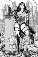 solider breasts drawing giantess city monochrome black_hair long_hair armor sword skirt buildings gloves mini_giantess boots thighs towering costume wonder_woman bracelet tiara helmet debris looking_at_tiny dc_comics bare_legs shoulder_pads soliders absolute_wonder_woman truenorthstudios