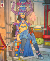 breasts drawing giantess city mega black_hair color long_hair cleavage skirt high_heels buildings purple_eyes gloves street boots sitting mask jacket costume galacta deadpool dialogue sitting_on_building helmet looking_at_tiny bare_legs marvel_comics bare_midriff codyryanart
