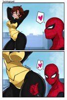 avengers breasts drawing growth giantess city mega comic color large_breasts butt buildings brunette brown_eyes smiling short_hair mask thighs costume earrings thumb looking_at_tiny janet_van_dyne spider-man marvel_comics the_wasp peter_parker
