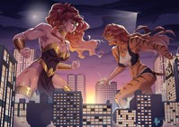 breasts drawing giantess crush furry tail city mega color large_breasts long_hair armor destruction blue_eyes claws crossover cleavage skirt buildings helicopter green_eyes angry giganta red_hair ponytail muscles fur shorts collar fighting giantesses avengers clouds night costume sunset wonder_woman necklace earrings top stripes belt bracelet stars tigra tiara orange_hair sports_bra tiger_girl spotlight water_tower dc_comics orange_skin bare_legs marvel_comics zerohour99 fusion absolute_wonder_woman wonder_giganta