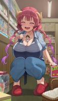 breasts drawing blushing horns color cleavage jeans huge_breasts brunette pink_hair twintails shrunken_man indoors crouching slippers between_breasts silvertsuki dragon_maid iruru