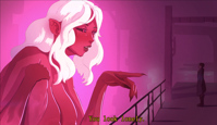 giantess breasts drawing white_hair city mega color buildings red_eyes boots jacket pointing dialogue red_skin looking_at_tiny kronguss