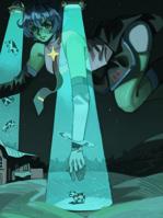giantess alien breasts drawing mega color skirt blue_hair socks gloves short_hair farm tie mountains night ufo shirt stars cows bare_legs wi33ard
