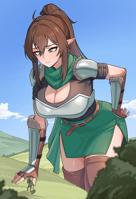 giantess velverelle breasts drawing mega color large_breasts armor fantasy cleavage skirt green_eyes brunette gloves elf ponytail boots clouds thighs trees belt cliff hammer looking_at_tiny pointed_ears bare_legs nokaa