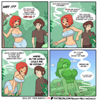 giantess dryad comic breasts drawing mega color large_breasts fantasy cleavage skirt brunette green_hair red_hair forest pants thighs trees top dialogue green_skin bare_legs flower_in_hair bare_midriff naughty_nectar