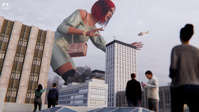 breasts giantess city mega black_hair butt buildings helicopter jeans brunette red_hair dress boots phone purse hat shirt necklace belt bracelet pandoza bending_forward digital_render