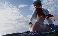 breasts giantess giga city mega blonde butt destruction buildings butt_crush gloves short_hair sitting mountains smoke clouds costume cape belt leotard power_girl thick_thighs digital_render dc_comics bare_legs bakedalaskabigs