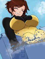 breasts drawing growth giantess city mega color large_breasts destruction buildings brunette outgrowing_building short_hair avengers thighs costume closed_eyes earrings janet_van_dyne marvel_comics the_wasp inchhighjedi