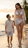 i_love_tall_women bikini gentle black_hair long_hair clothed beach barefoot cleavage asian legs amazon shorts size_comparison palm_trees sunset shirt sarong ai_art