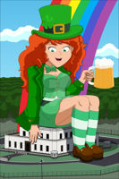 breasts drawing giantess mega color long_hair destruction cleavage skirt buildings green_eyes shoes socks red_hair sitting forest hat jacket bow freckles beer trees rainbow belt sitting_on_building beer_mug leprechaun_hat bare_legs nightcore100 leprechaun fort_knox