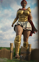 breasts giantess armor blue_eyes toes cleavage skirt red_hair spartan sandals foot_crush warrior muscles gate thighs cape bracelet running_away wall looking_at_tiny digital_render bare_legs giantesslover45