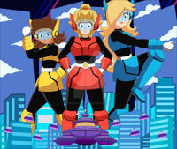 drawing giantess city mega blonde color large_breasts long_hair armor blue_eyes clothed skirt princess_peach princess brunette superhero gloves spaceship ponytail boots nintendo giantesses dark_skin fist costume belt hands_on_hips princess_daisy theater looking_at_tiny princess_rosalina nightcore100 mighty_peach