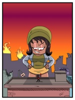 disney breasts drawing giantess city mega black_hair color destruction rampage skirt buildings red_eyes asian fire grin looking_down dark_skin hat jacket hands_on_hips looking_at_tiny bare_legs star_vs_the_forces_of_evil macro_diaz janna janna_ordonia 0juanja0