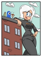 breasts drawing giantess white_hair mega color blue_eyes buildings brown_eyes ginormica short_hair clouds thighs leaning_against_building monsters_vs_aliens looking_at_viewer belt jumpsuit hands_on_hips susan_murphy dreamworks blob doctor_cockroach missing_link 0juanja0