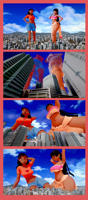 breasts growth giantess giga city mega black_hair long_hair butt crossover cleavage buildings shoes brown_eyes smiling shorts mountains dark_skin clouds thighs disney point_of_view earrings native top looking_at_viewer bracelet chel thick_thighs digital_render loincloth bare_legs dreamworks nani_pelekai the_road_to_el_dorado bare_midriff lilo_and_stitch rexfir