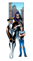 breasts drawing giantess blonde black_hair color large_breasts long_hair jeans shoes brunette superhero gloves mini_giantess mask thighs costume belt legs_crossed looking_at_tiny mariano_navarro gigantus leaning_on