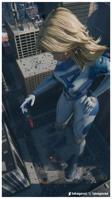 breasts giantess city mega blonde large_breasts destruction helicopter street foot_crush vehicles thighs costume fantastic_four earrings belt hands_on_hips debris digital_render invisible_woman marvel_comics susan_storm marvel_rivals takagava