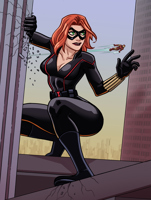 breasts drawing giantess city mega color large_breasts armor destruction clothed cleavage buildings green_eyes gloves red_hair boots highway mask avengers flying thighs outdoors crouching costume belt jumpsuit bracelet between_buildings orange_hair debris iron_man looking_at_tiny black_widow cleavage_window marvel_comics nikoalecsovich eyemask black_behemoth