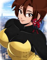 breasts drawing giantess city mega color buildings brunette brown_eyes smiling short_hair mask costume earrings looking_at_viewer cover_page on_shoulder janet_van_dyne spider-man marvel_comics the_wasp peter_parker inchhighjedi large_breasts