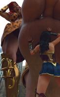breasts giantess city mega upskirt black_hair long_hair butt armor toes barefoot bra skirt buildings giganta red_hair boots foot_crush muscles abs thighs costume wonder_woman closed_eyes bracelet digital_render dc_comics loincloth bare_legs bare_midriff allthesizepuns