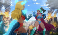 breasts drawing giantess horns tail city mega blonde black_hair color large_breasts long_hair butt swimsuit armor destruction blue_eyes cleavage water ocean buildings superhero brown_eyes gloves ponytail boots fire monster fighting giantesses dark_skin smoke clouds thighs fist palm_trees hawaii disney cape top ripped_clothing helmet debris lifeguard thick_thighs kaiju thedaibijin bare_legs nani_pelekai bare_midriff lilo_and_stitch spines spikes