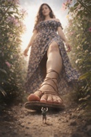 feet dress shrunken_man field flowers point_of_view chasing golzar giantess goddess shrunken sandals shrinking_man ai_art