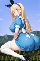 breasts giantess blonde large_breasts long_hair blue_eyes shoes dress sitting day looking_down grass open_mouth mountains cloud thighs outdoors sky apron bow alice_in_wonderland looking_back thigh_highs hairband bangs behind_view mary_janes wide_hips thick_thighs short_sleeves parted_lips solo frills ai_art white_apron black_hairband wariza yuegts black_footwear skindentation alice_(alice_in_wonderland) white_thighhighs mountainous_horizon ambiguously_alice mega butt